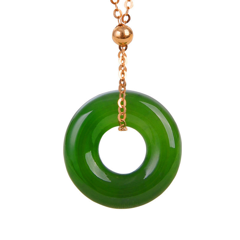 Unisex Runde Cyan Jade Heilung Halskette 14K Gold Anhänger