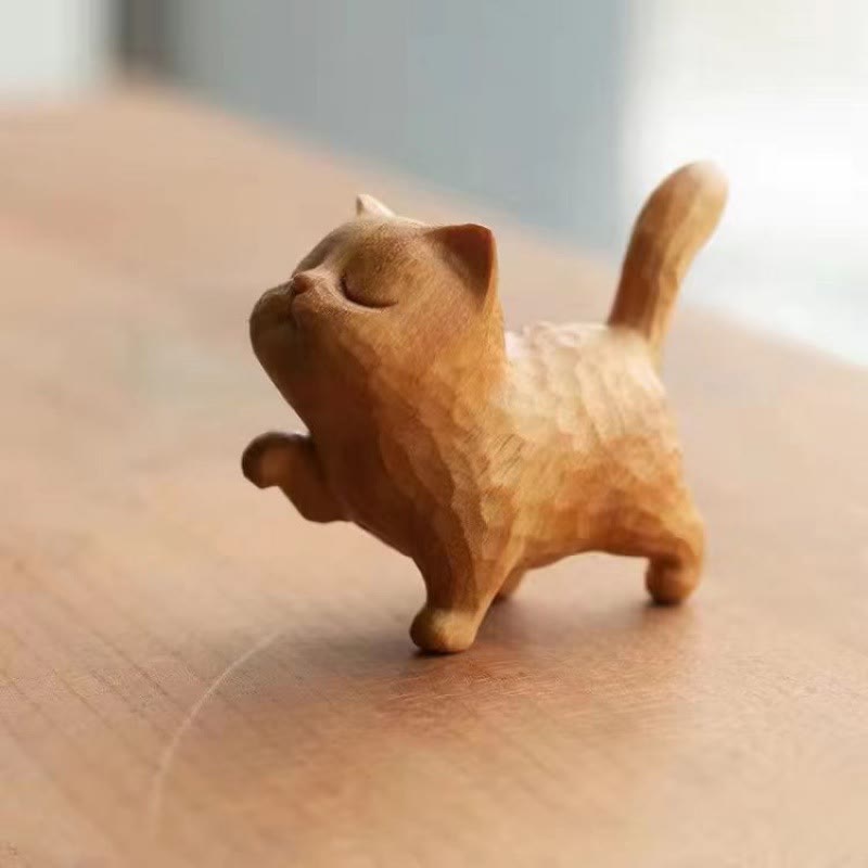 6 cm große Katzenfigur aus Thuja Sutchuenensis und Buchsbaum für Wohlstand und Erdung