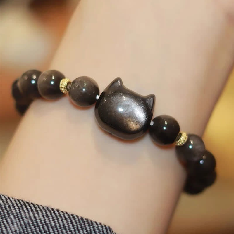 Gold Sheen Obsidian Lucky Cat Protection Bracelet 8mm