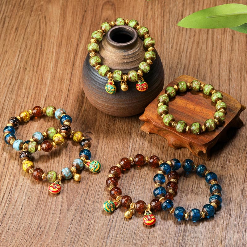 Gold Swallowing Beast Liuli Glass Bead Spiritual Bracelet 12mm