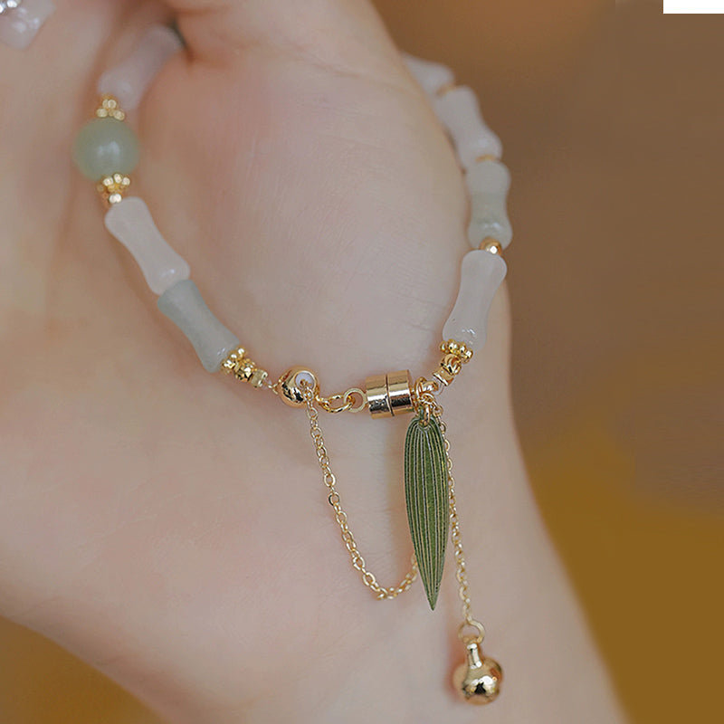 14 Karat vergoldetes Hetian-Weiß-Jade-Bambusblatt-Schutzarmband