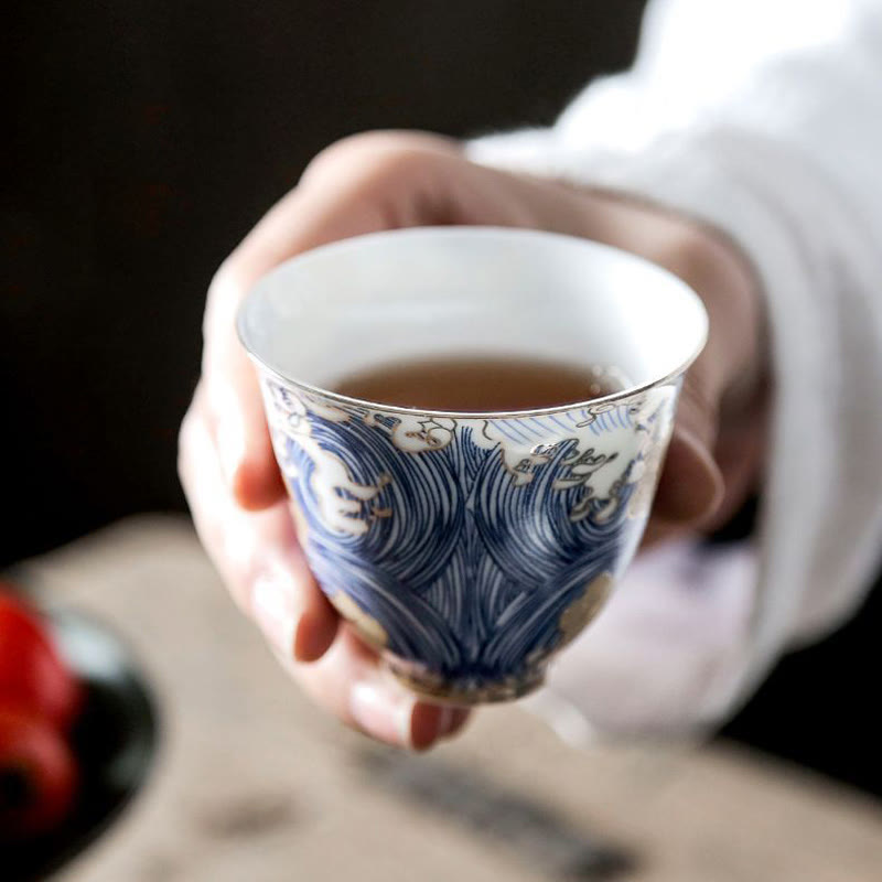 Vintage Keramik-Teetasse mit Meereswellen, 60 ml | Geschirr