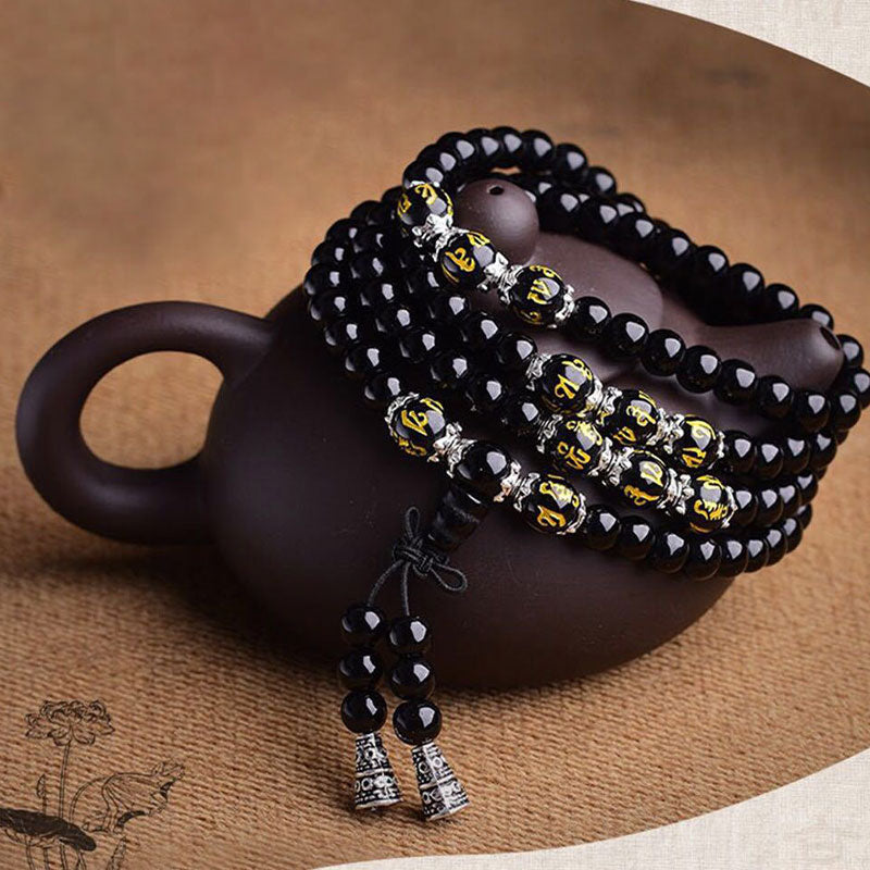 6 mm Schutzarmband aus schwarzem Obsidian mit Anhänger „Six True Words“