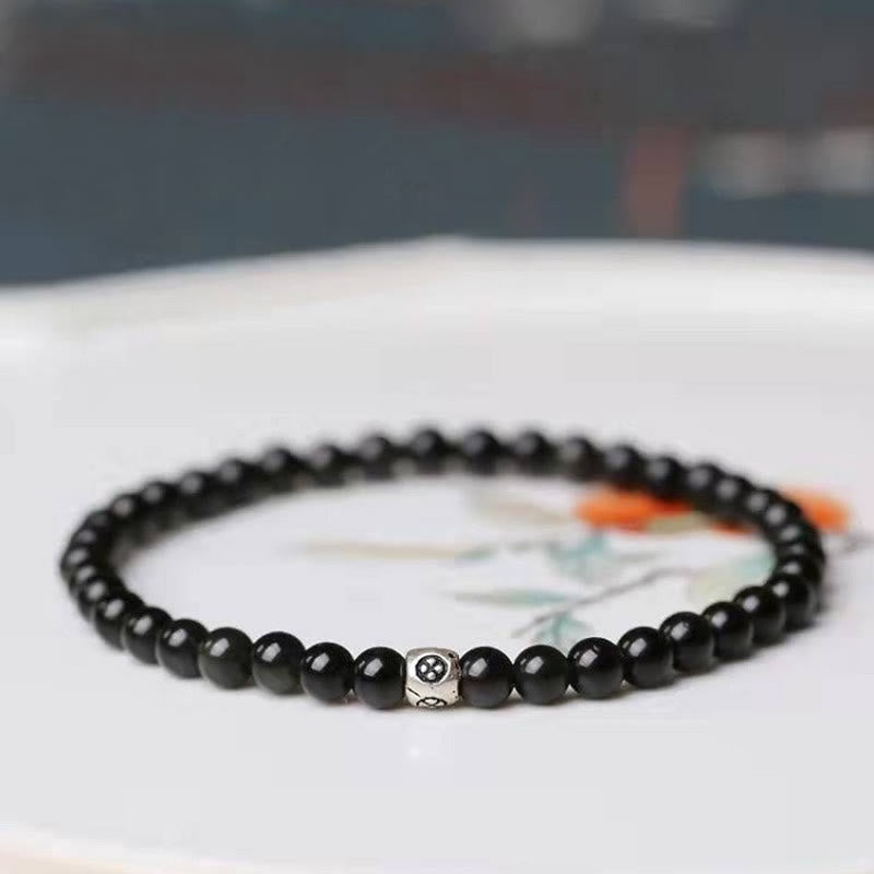 6 mm Reinigungsarmband aus schwarzem Obsidian und Rauchquarz