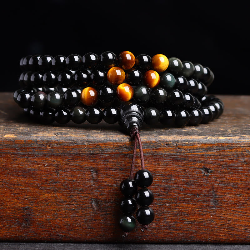 6 mm schwarzes Obsidian-Tigerauge-Mala-Armband mit 108 Perlen