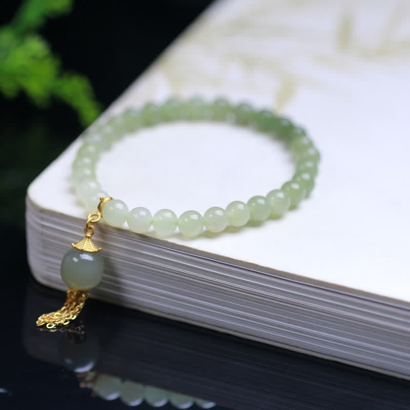 6 mm Hetian Jade Reichtum Charm Armband Sterling Silber
