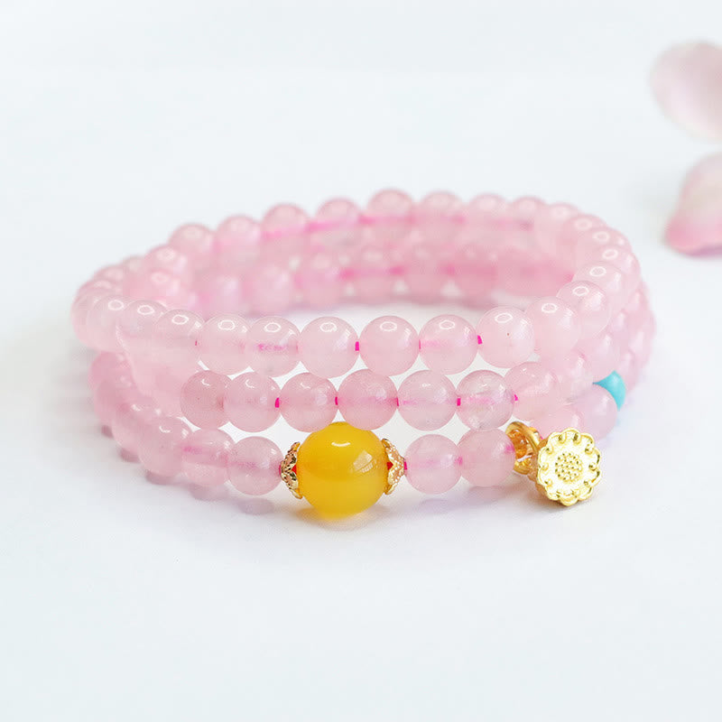 6 mm rosa Kristall-Lotus-Armband mit gelbem Chalcedon