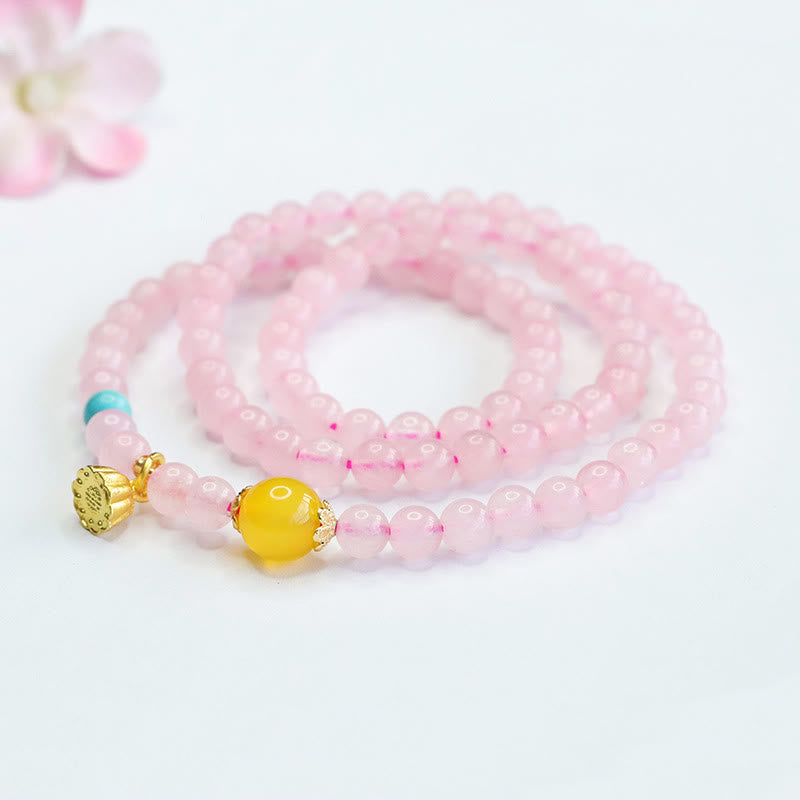 6 mm rosa Kristall-Lotus-Armband mit gelbem Chalcedon