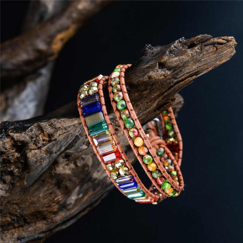 7 Chakra Kristall Leder Wickelarmband