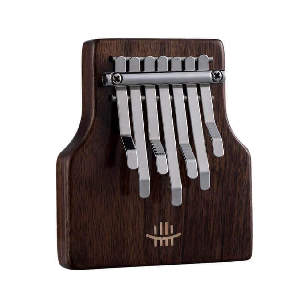 Wooden Kalimba thumb piano with seven metal tines and resonance hole for portable music