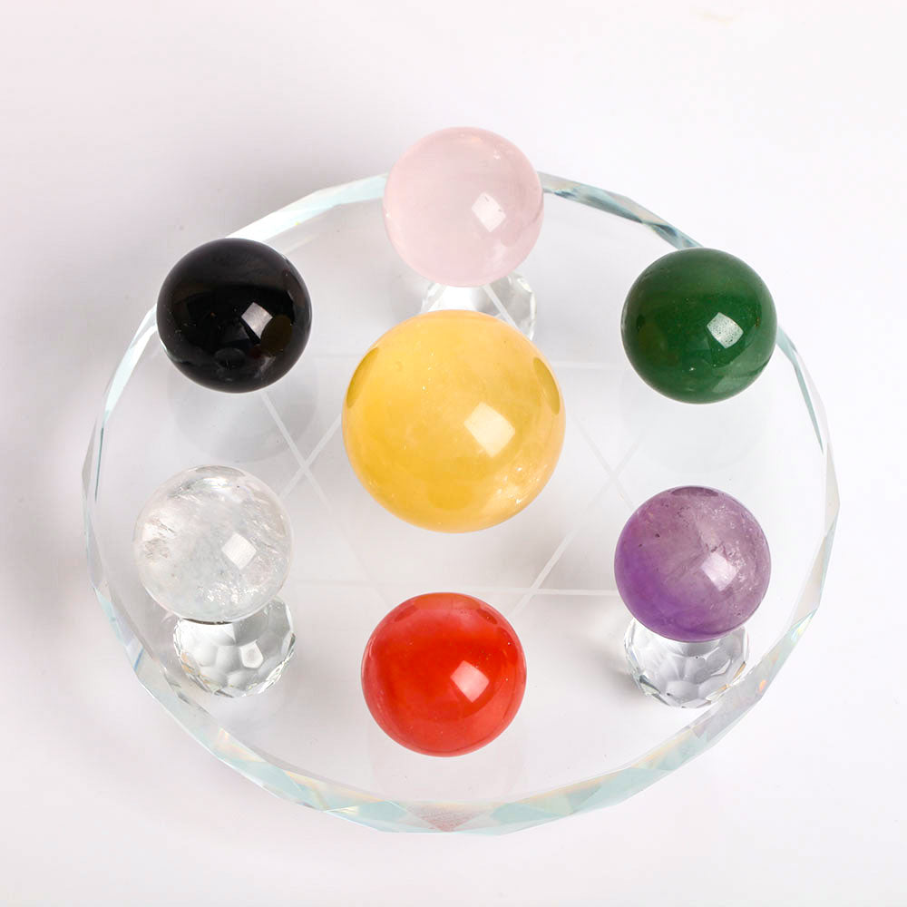 7-teiliges Chakra-Kristallkugel-Set mit Glasständer