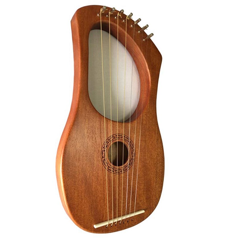Wooden 7-String Mahogany Lyre Harp Instrument with six strings and round sound hole
