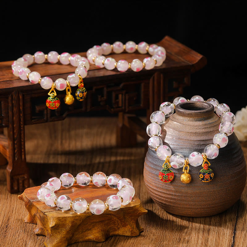 Luminous Pink Love Heart Spiritual Bracelet with Gold Swallowing Beast