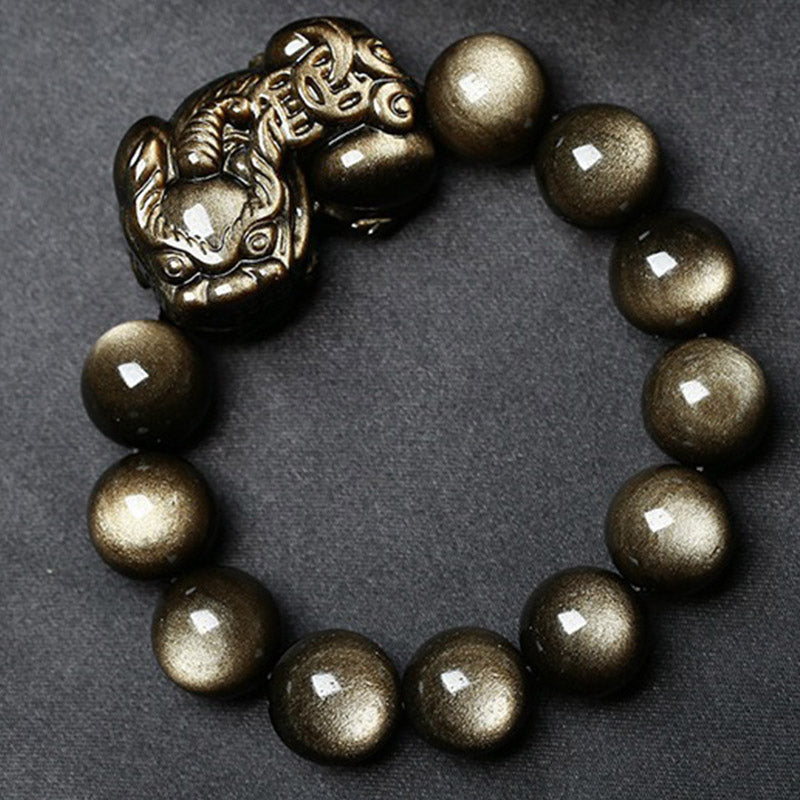 14 mm goldenes Obsidian-Pixiu-Schutzarmband