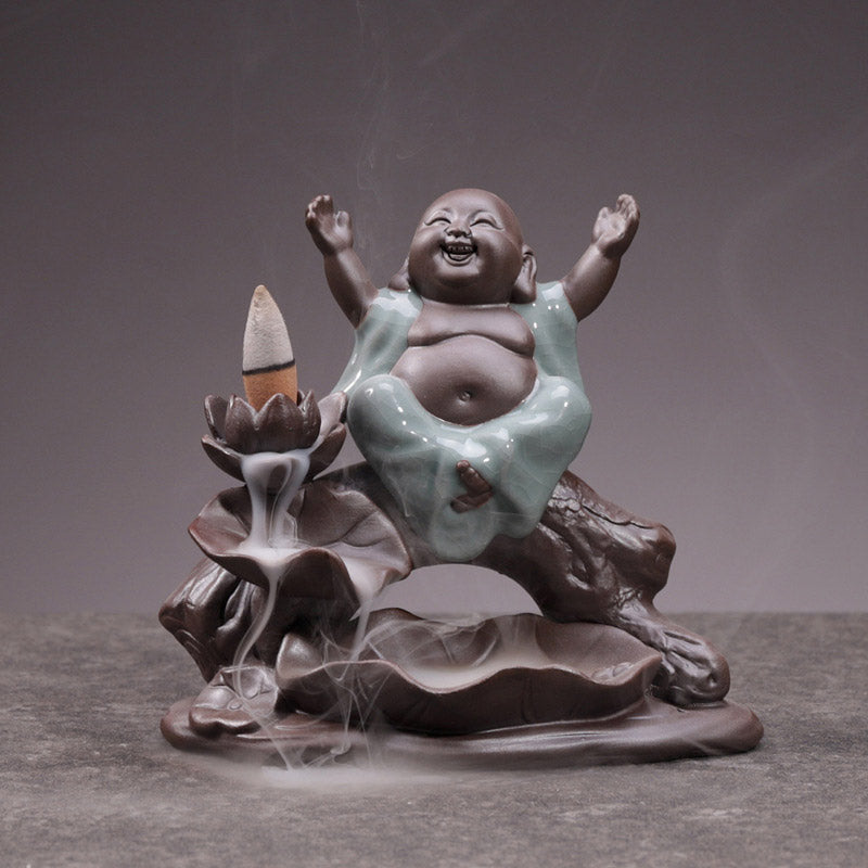 Ceramic Lotus Blessing Incense Burner with Little Monk