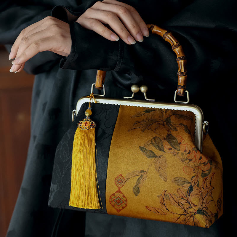 Von der Natur inspirierte Bambus-Grifftasche mit Blätter- und Vogeldesign