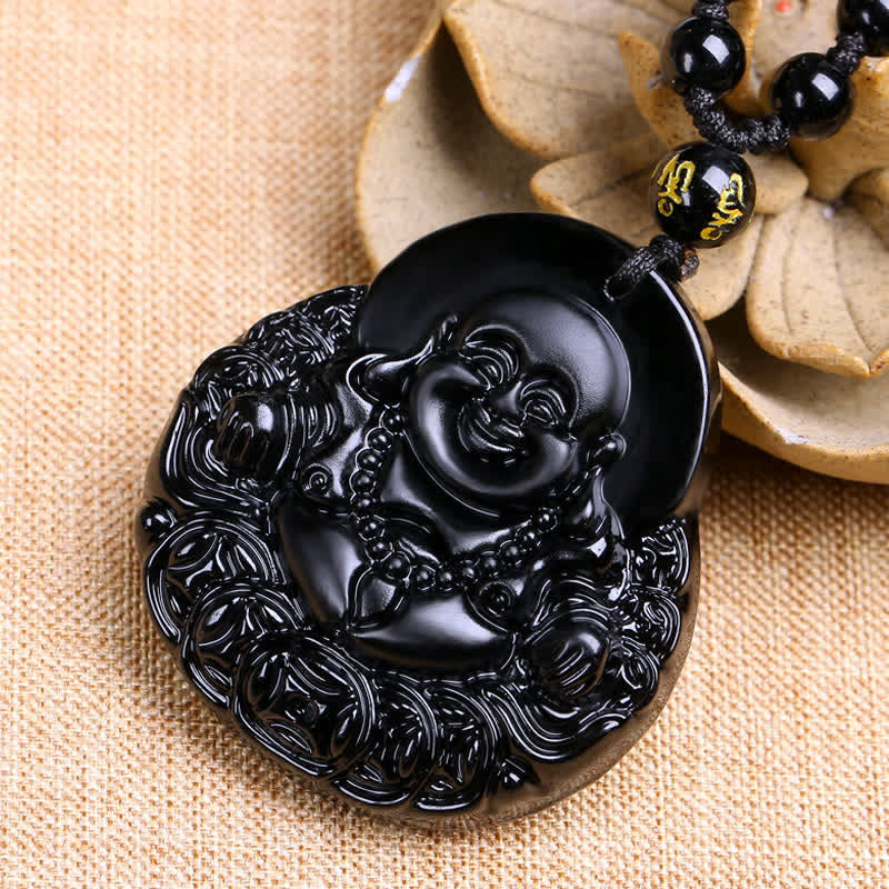 Schwarze Obsidian Lachender Buddha Kraft Schutz Halskette