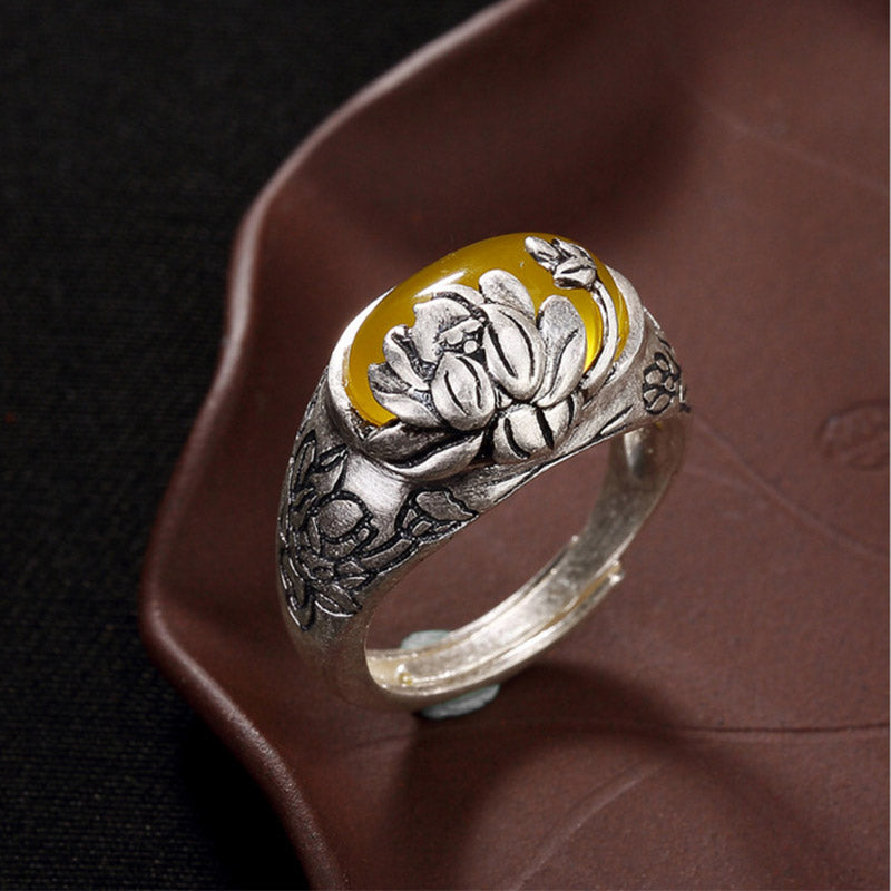 Adjustable Citrine Lotus Protection Ring for Prosperity
