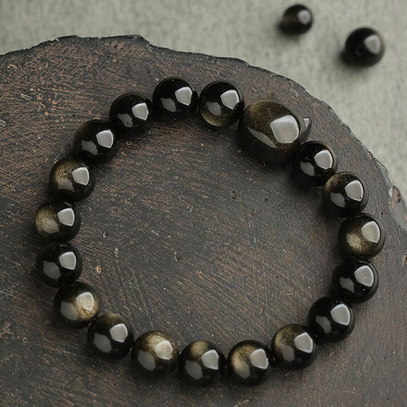 Gold Sheen Obsidian Lucky Cat Protection Bracelet 8mm