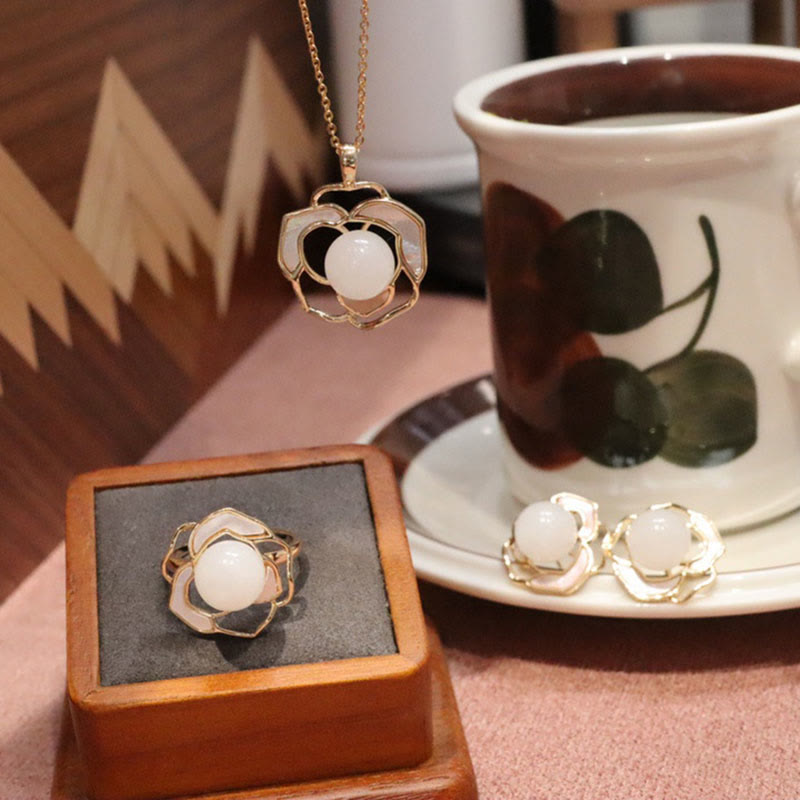 Hetian White Jade Camellia Flower Jewelry Set for Luck & Protection