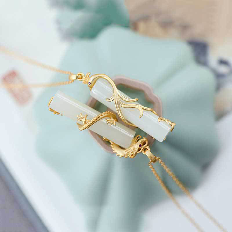 Halskette mit Drachenanhänger aus weißer Jade und Kupfer zum Schutz