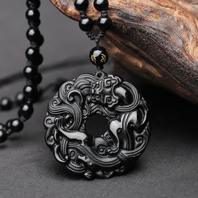 Black Obsidian Peace Buckle Pixiu Protection Necklace
