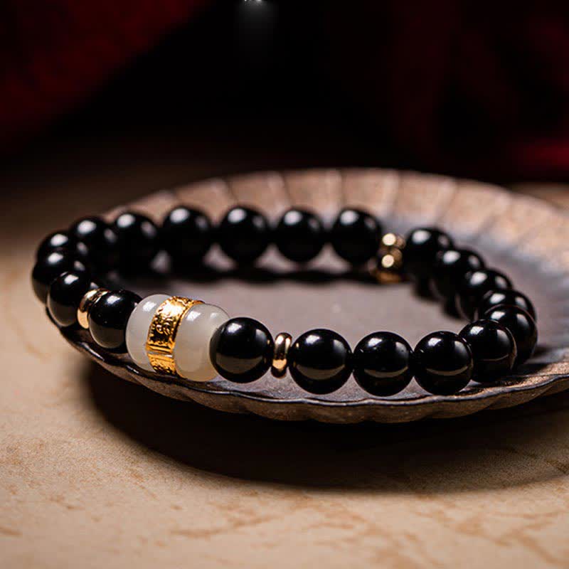 8mm Black Obsidian Jade Om Mani Padme Hum Strength Bracelet