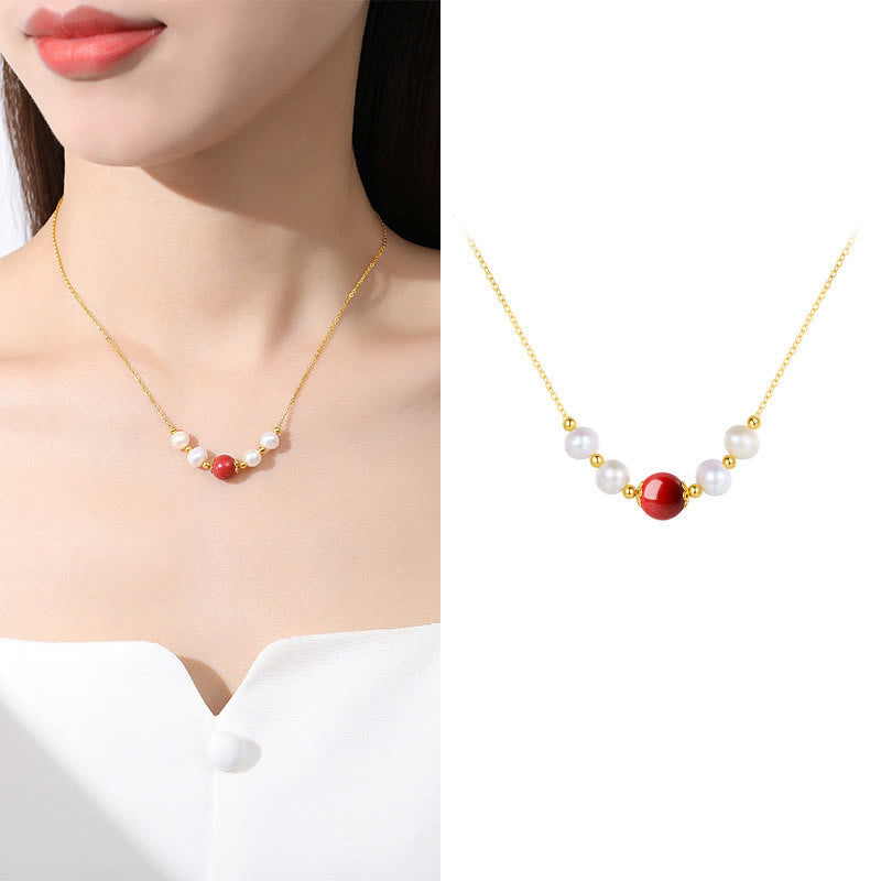 Halskette mit Heilperlen aus 925er Sterlingsilber und Zinnober