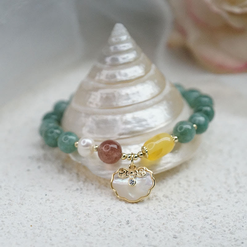 8 mm Jade-Muschel-Glücksarmband mit Ruyi-Schloss-Anhänger