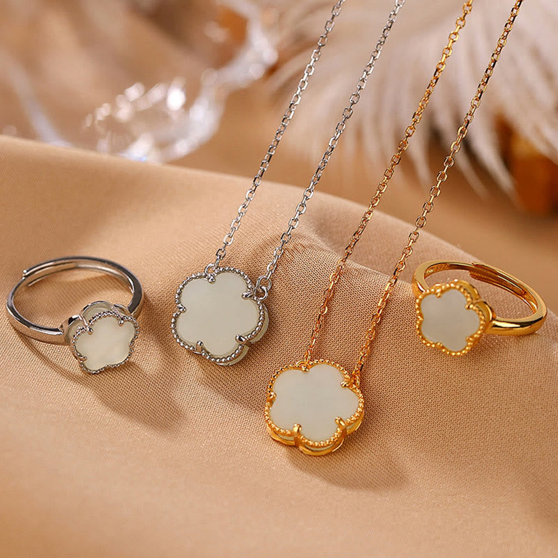 Hetian Jade Flower Necklace & Ring Set in Sterling Silver Gold Plated for Luck