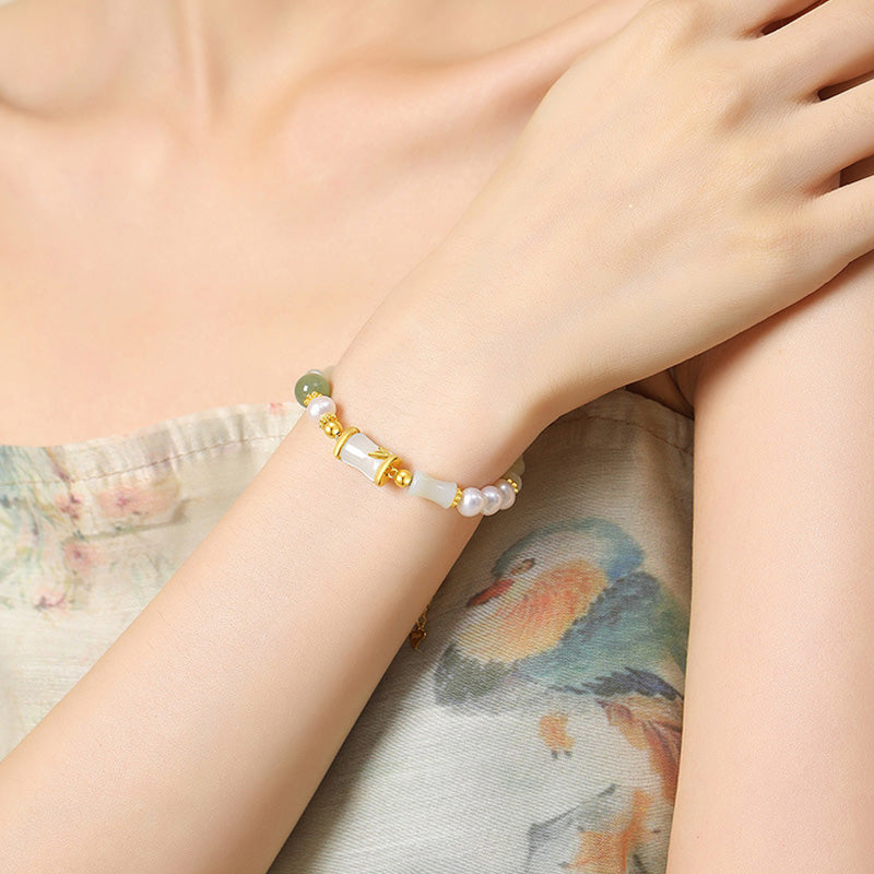 Hetian White Jade Armband | Sterling Silber Bambus Glückssegen