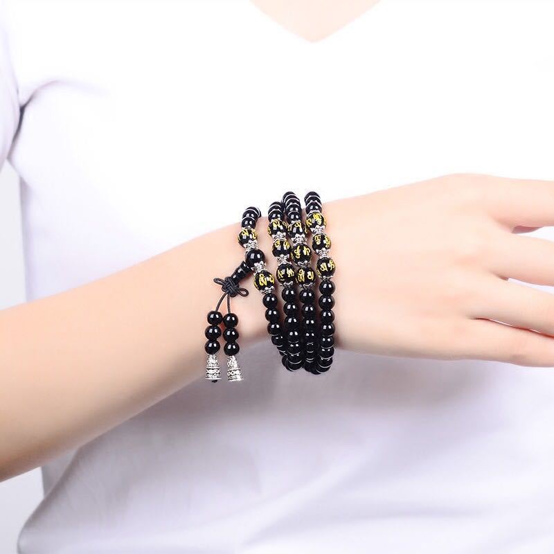 6 mm Schutzarmband aus schwarzem Obsidian mit Anhänger „Six True Words“