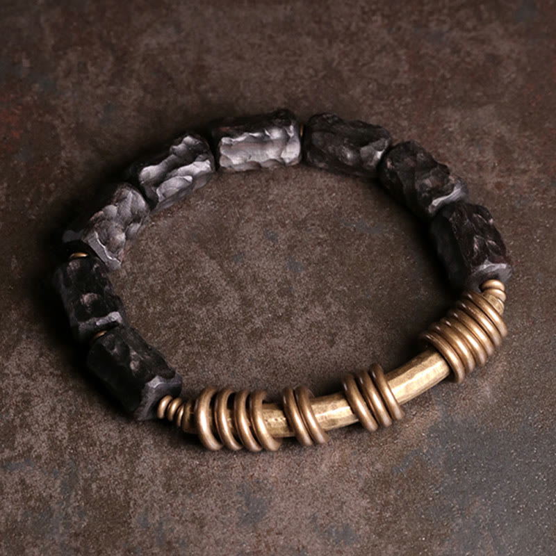 8,5 mm Ebenholz-Peace-Armband mit Kupferringen, 14–17,5 cm