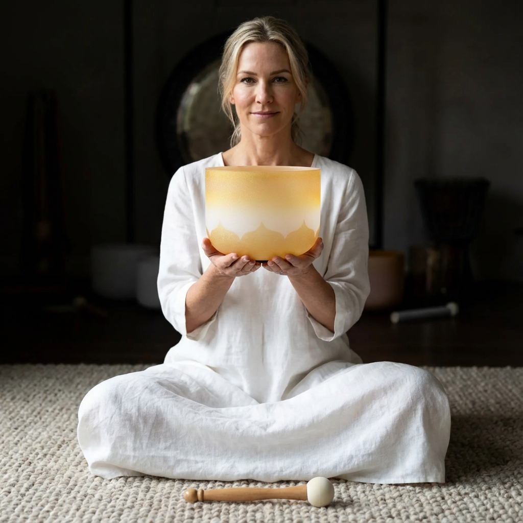 8" Kristallklangschale mit goldenem Lotus-Design