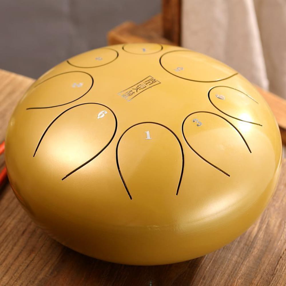 Golden 8 inch Steel Tongue Drum in F Key with curved tone markings for children