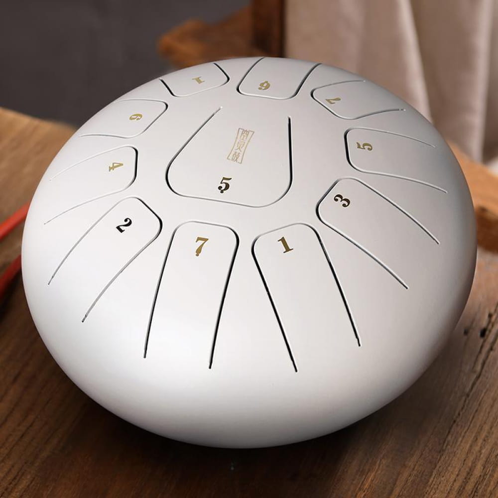 White Steel Tongue Drum with numbered sections, 8’’ Square, 11 Notes in F Key