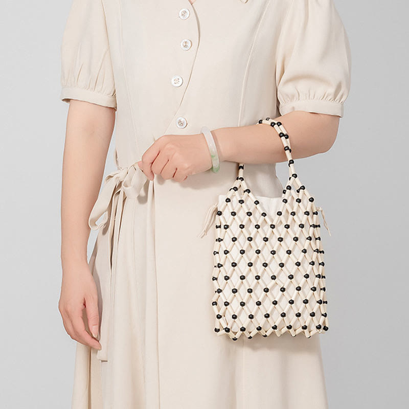 Handgewebte Netztasche mit hohlen Holzperlen | Spiritueller Schmuck