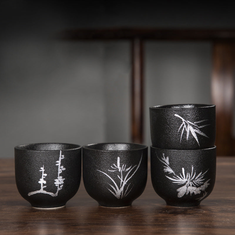 95ml Hand Painted Black Pottery Lotus Flower Ceramic Tea Cup
