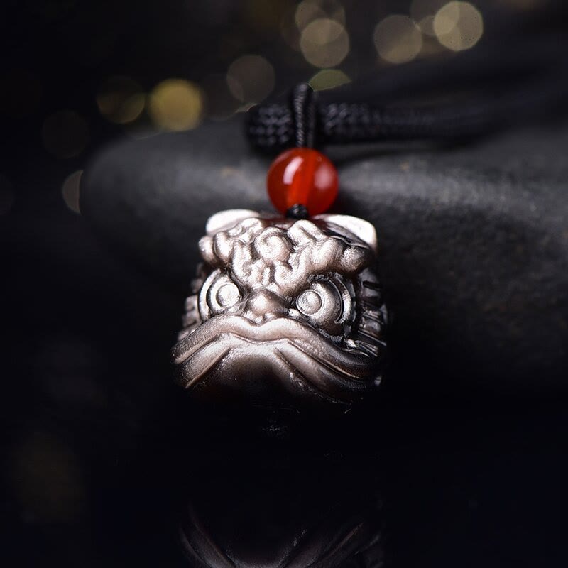 Silver Sheen Obsidian Dancing Lion Protection Necklace Unisex