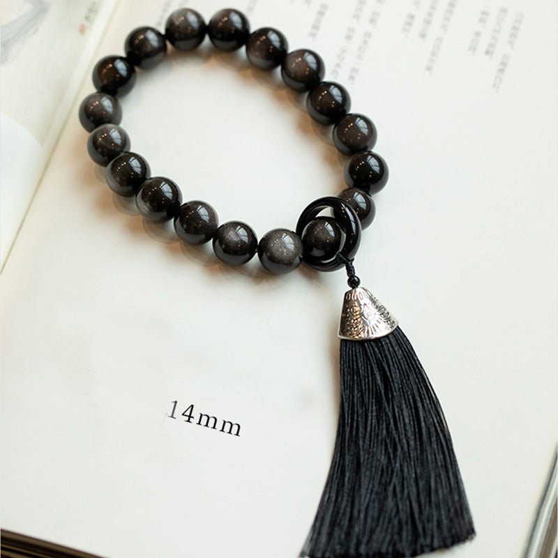 16 mm silberner Obsidian-Löwe-Handgelenk-Mala für Schutz und Weisheit