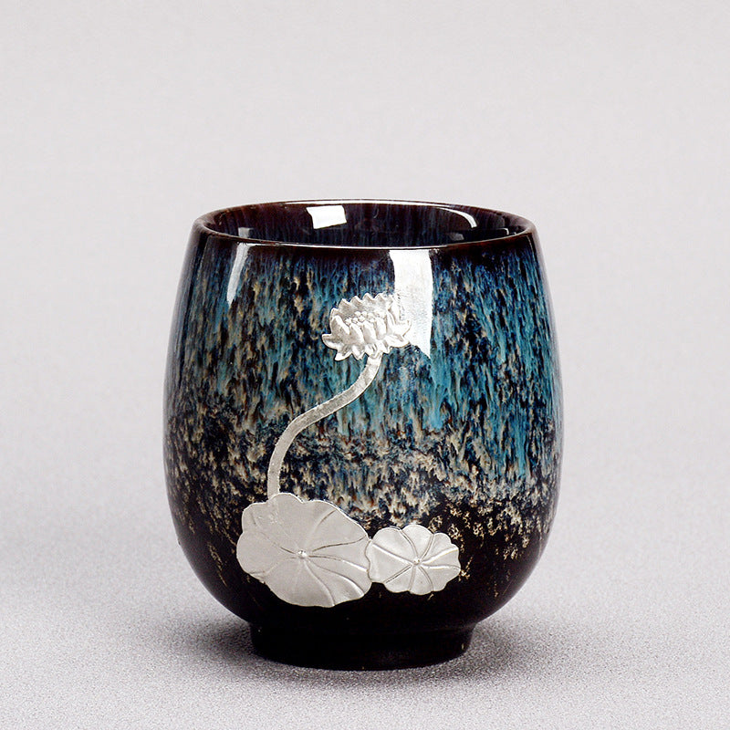 Chinesische Jianzhan-Teetasse aus Keramik mit silbernem Lotusblütenblatt, 150 ml