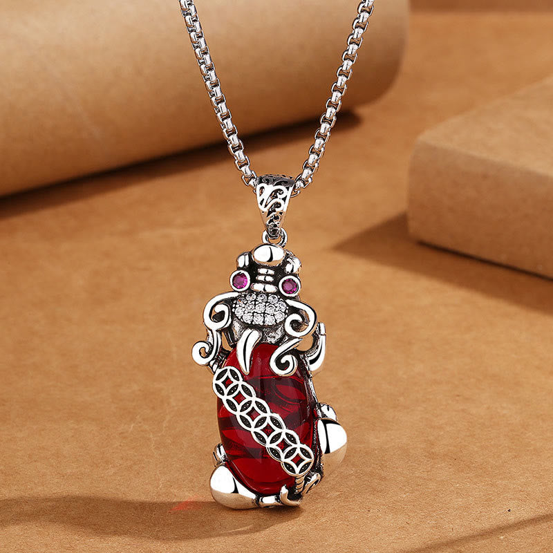 Pixiu Garnet Copper Coin Necklace for Wealth & Luck