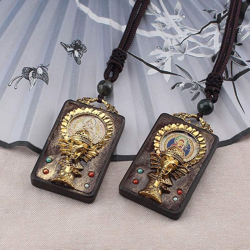 Ebony Wood Elephant Necklace with God of Fortune Pendant