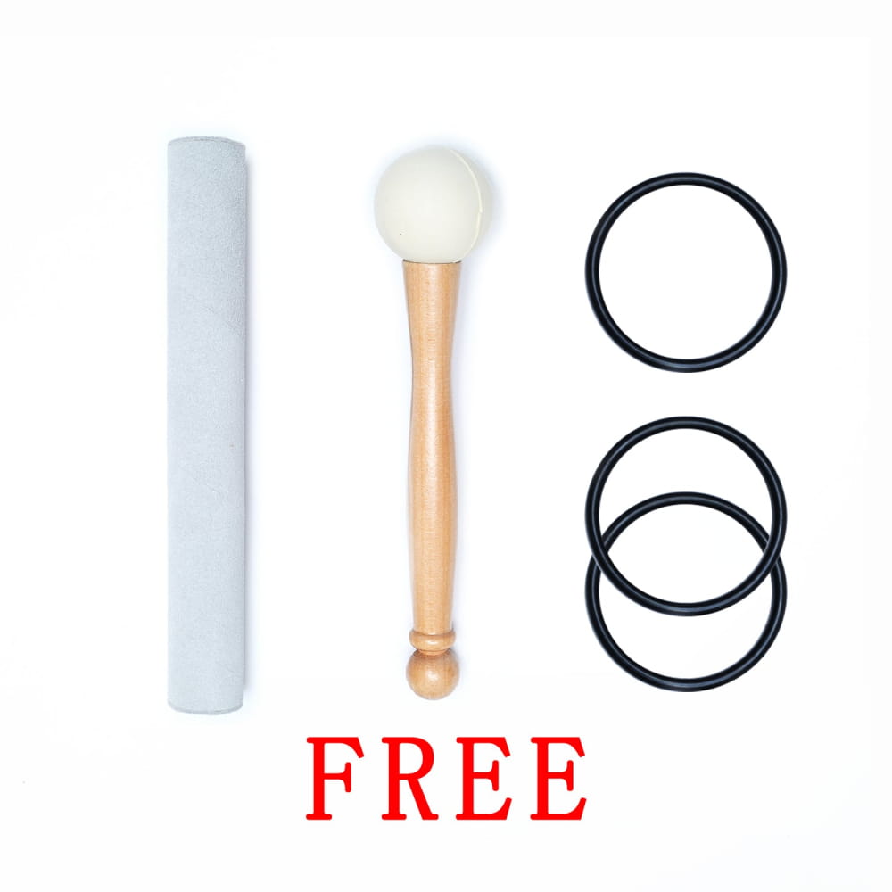 White makeup brush with wooden handle and black elastic bands for Frosted Quartz Crystal Singing Bowl Set