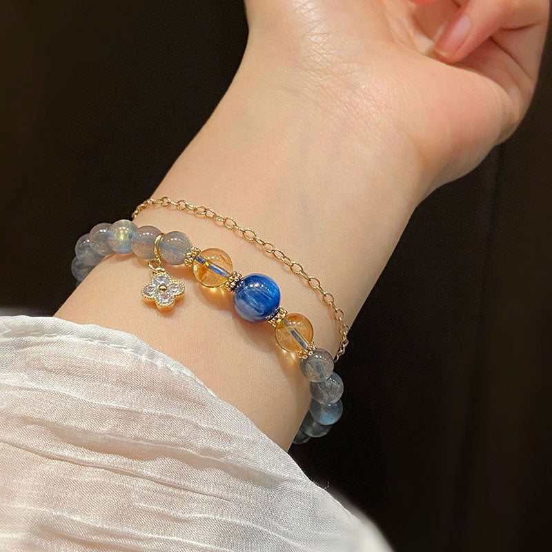 Moonstone Flower Charm Healing Bracelet 6-7mm Beads