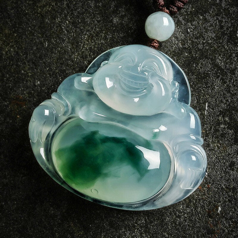 Cyan Jade Glückskettenanhänger mit Buddha-Symbol