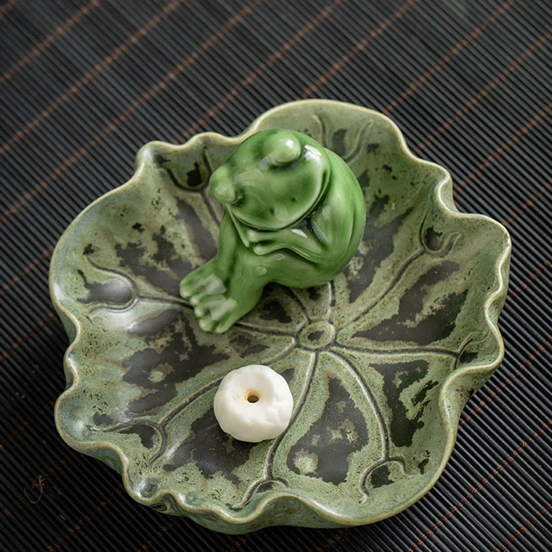 Ceramic Incense Burner | Lotus Leaf Meditation Frog 11cm