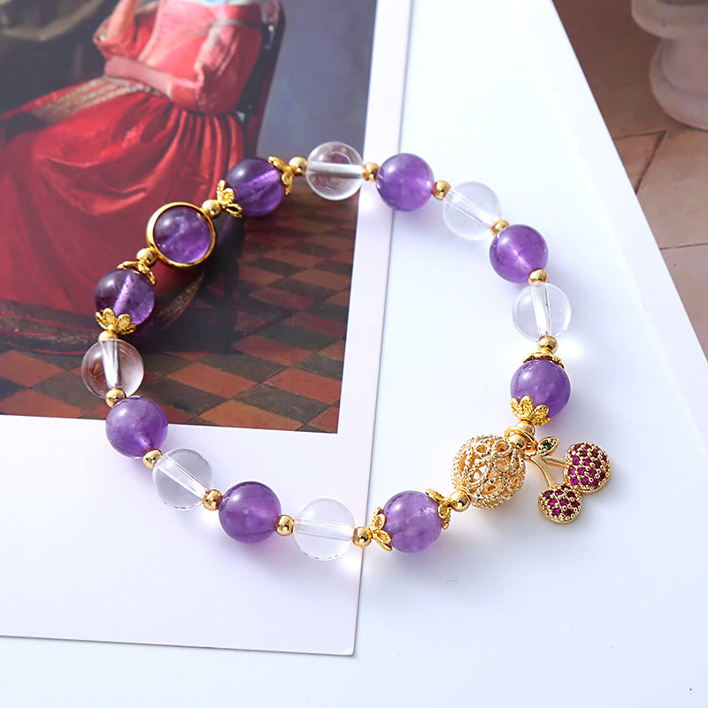 8 mm Amethyst-Kristallarmband mit Kirsch-Anhänger für Positivität