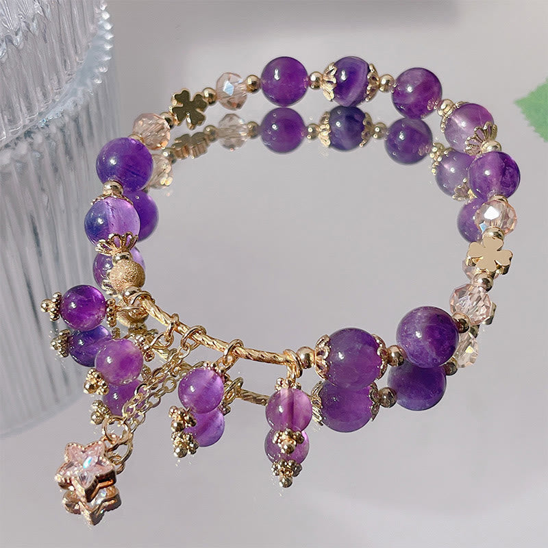 8 mm Amethyst-Armband mit vierblättrigem Kleeblatt