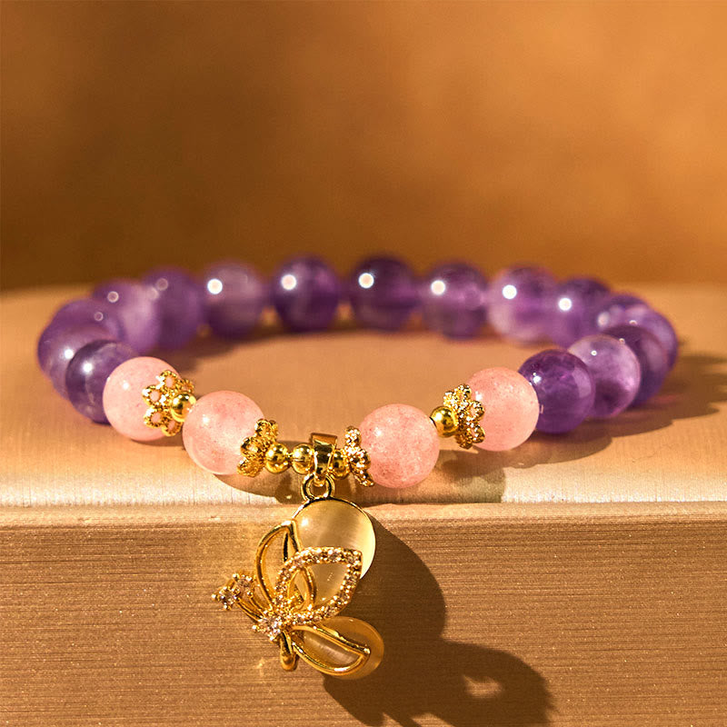 8 mm Amethyst Erdbeerquarz Schmetterling Charm Armband